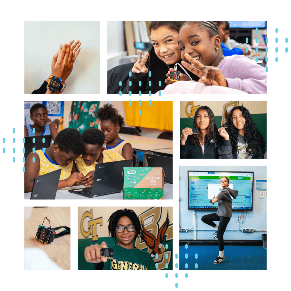 collage of kids using the micro:bit powered by nordic semiconductor technology