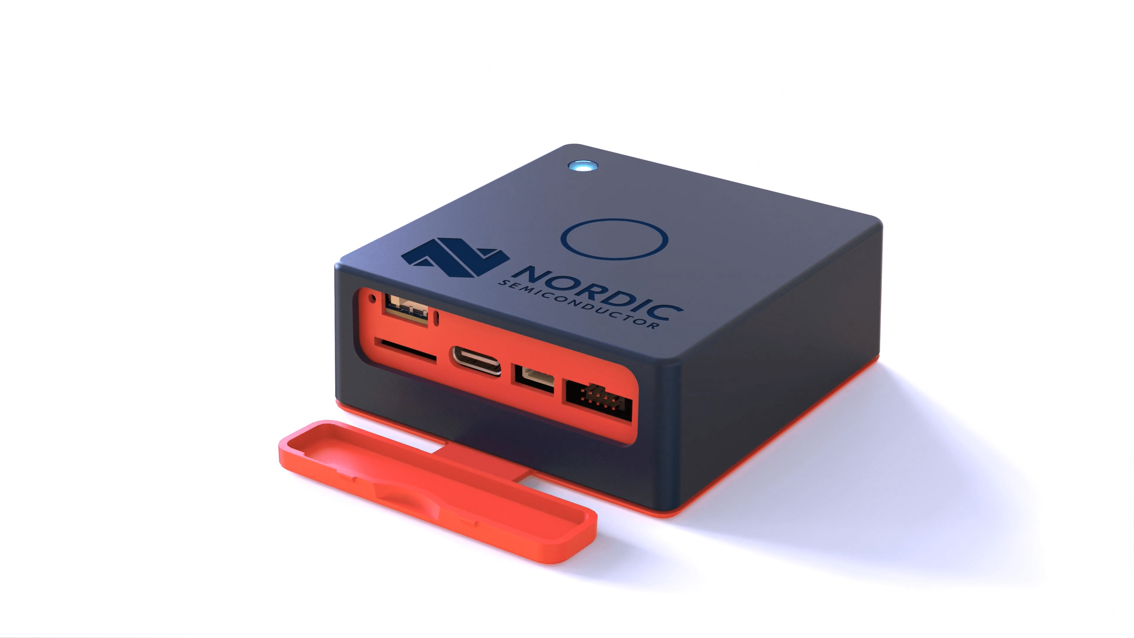 3D render of the Thingy53 with the blue plastic casing and the red door open showing the on/off-switch and the external connectors