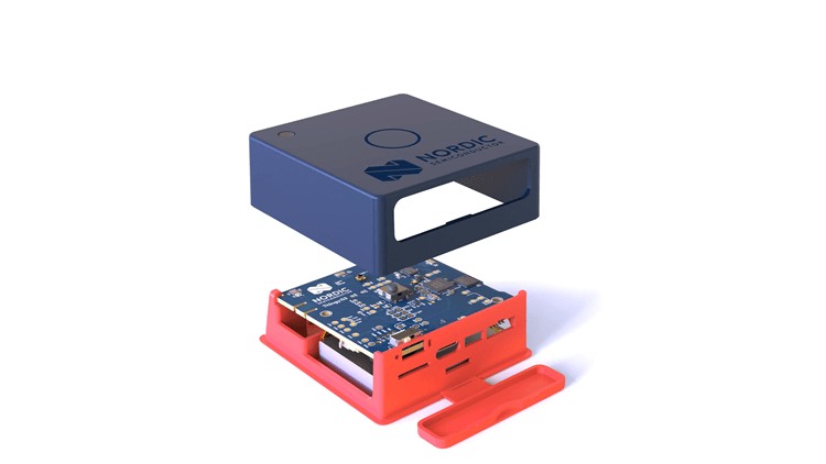 3D render of the Thingy53 with the blue plastic casing off showing the board on the inside and the red base with the door open showing the on/off-switch and the external connectors