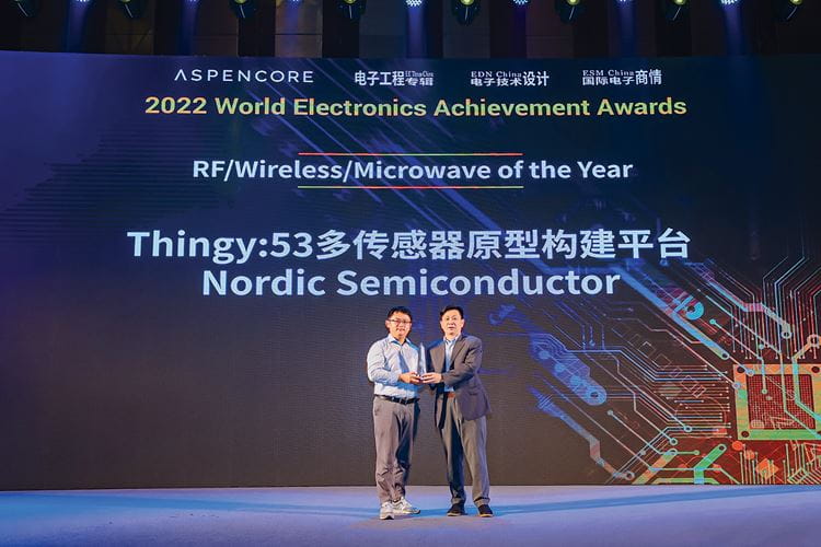 Person from Nordic Semiconductor receiving Thingy:53 award