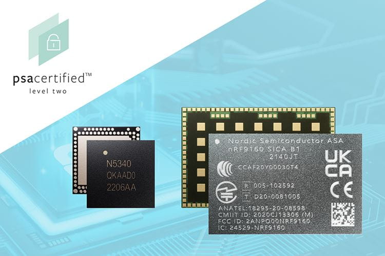 PSA Certified Level 2 logo and nRF5340 SoC and nRF9160 SiP