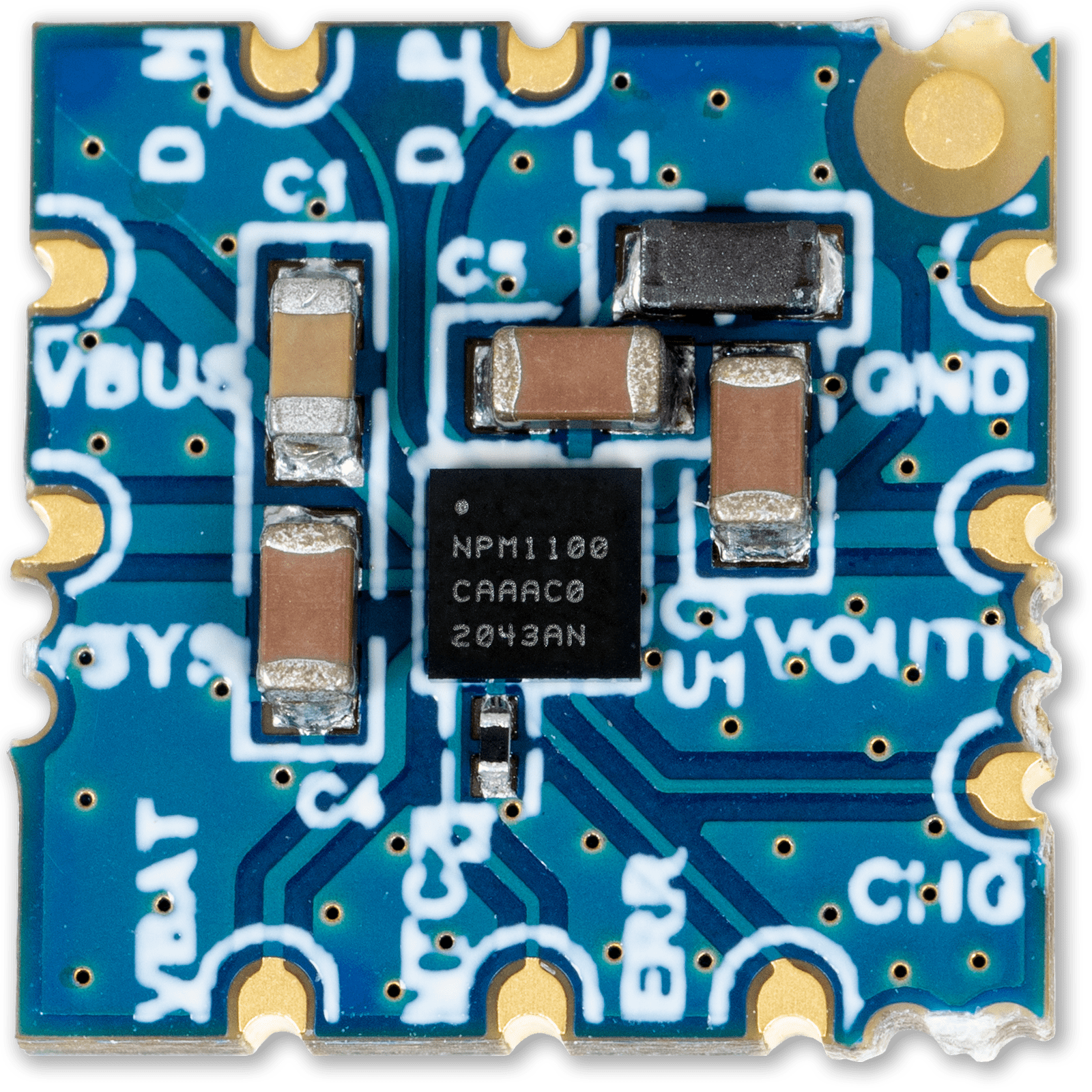 nPM1100 Thumnail board, a tiny pcb with a nPM1100 PMIC with 4 capacitors and an inductor along with breakout solder pads for the most essential connections in the nPM1100 PMIC