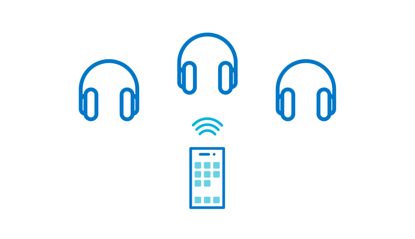 The illustration shows a phone broadcasting audio to three headphones simultaneously