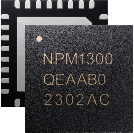 Front of an IC saying NPM1300, QEAAB0, 2302AC, with back showing QFN pads