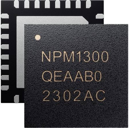 Front of an IC saying NPM1300, QEAAB0, 2302AC, with back showing QFN pads