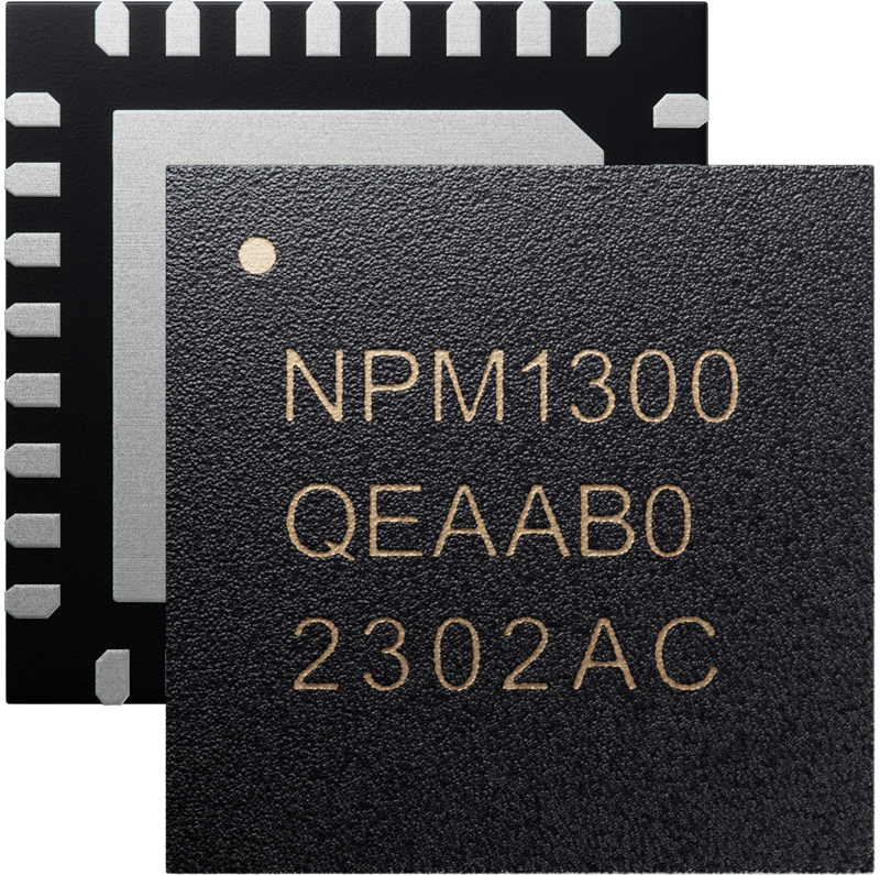 Front of an IC saying NPM1300, QEAAB0, 2302AC, with back showing QFN pads - nbiot [nbiot],cellular module