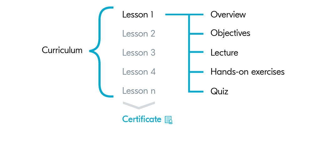 A figure showing the course structure. A course is made up of a various number of lessons. One lesson consists of an overview, objectives, lectures, hands-on exercises and quiz. 